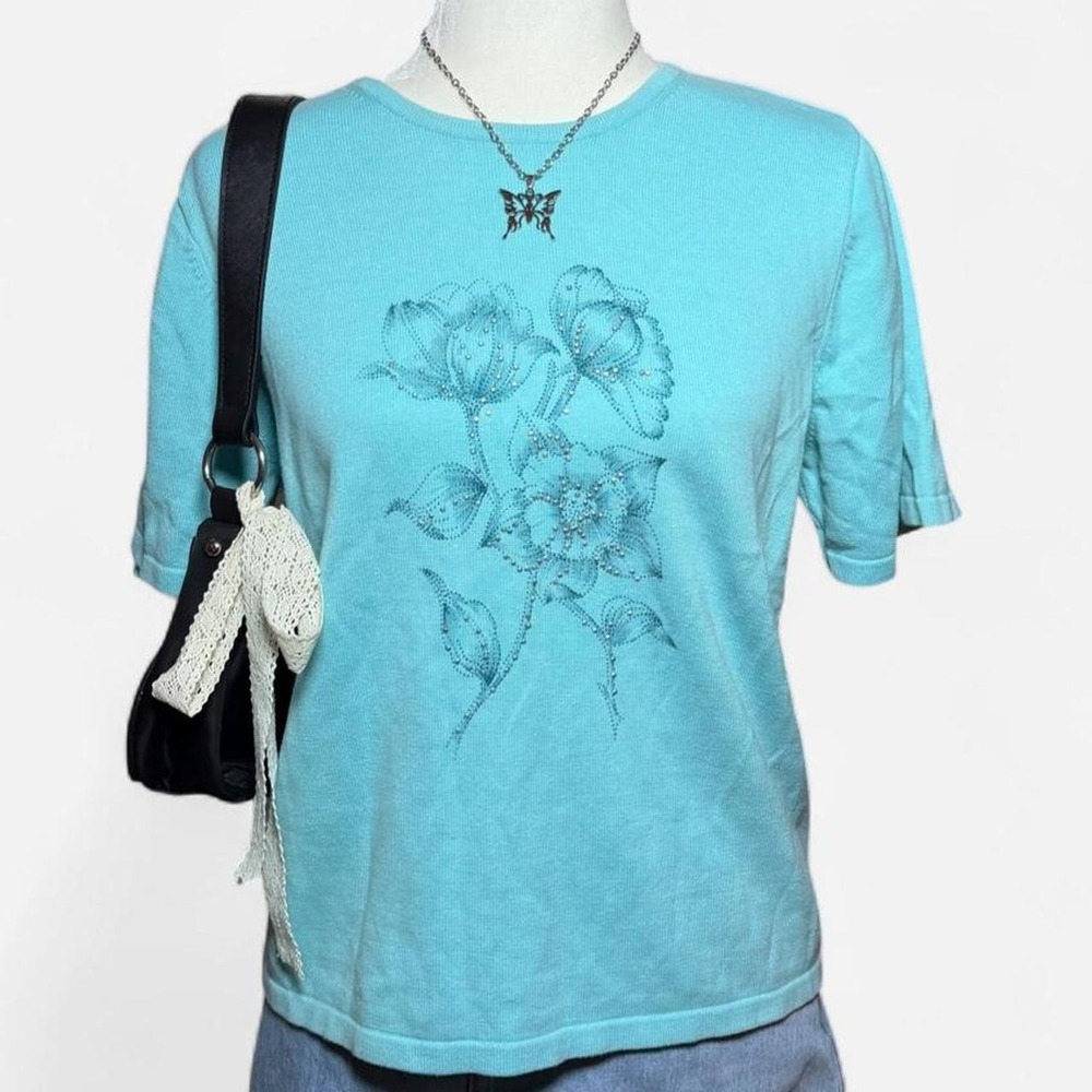 Allison Daley Aqua Blue Rhinestone Floral Graphic Top Y2K Fairycore Petite L
